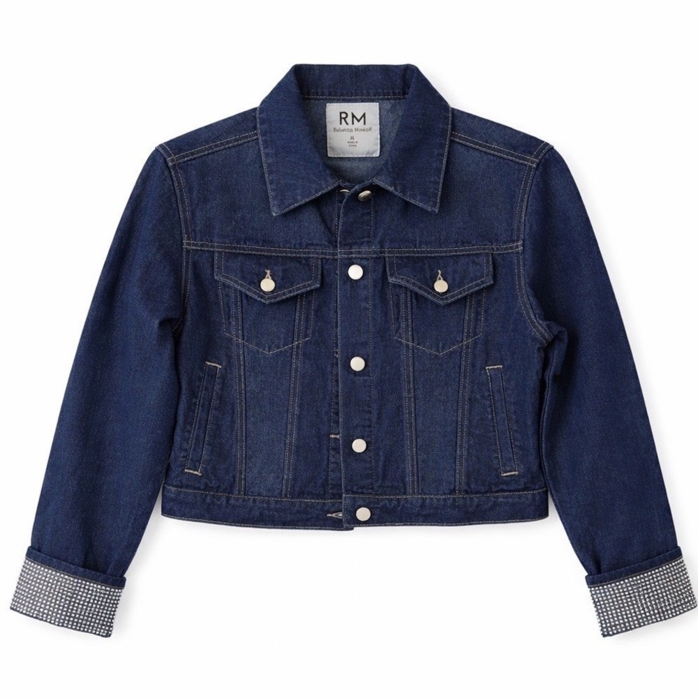 Rebecca Minkoff Womens Rhinestone Cuff Denim Jacket Indigo‎ Blue Cropped Med NWT